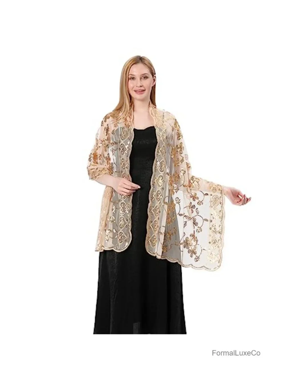 1920s Sequin Flower Sheer Chiffon Shawl Wrap Evening Dress Scarf